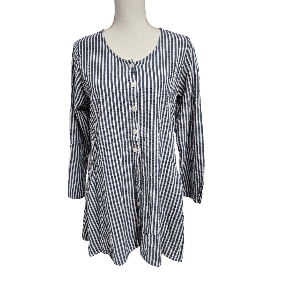 Tulip Button Up Tunic Shirt Dress Blue White Striped Boho Women's Size S